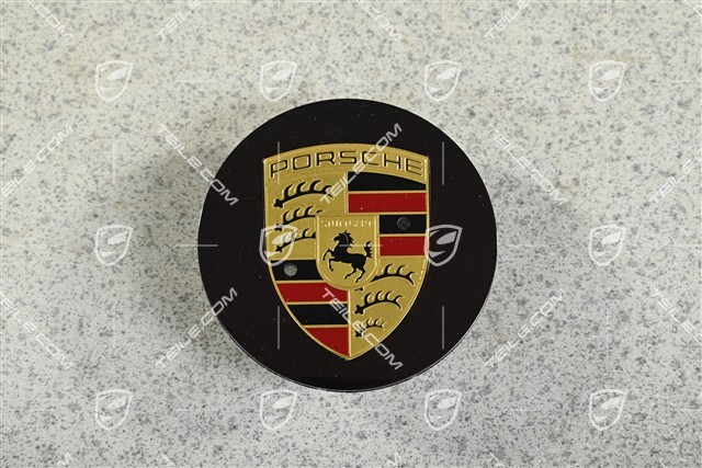 Radkappe, rund, gewölbt, mit farbigem Porsche-Wappen, Mahagoni-Metallic