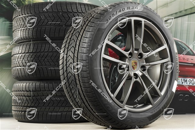 20" Cayenne COUPE Sport Winterräder Satz, Felgen 9J x 20 ET50 + 10,5J x 20 ET55 + Pirelli Winterreifen 275/45 R20 + 305/40 R20, mit RDK-Sensoren, Platinum Seidenmatt