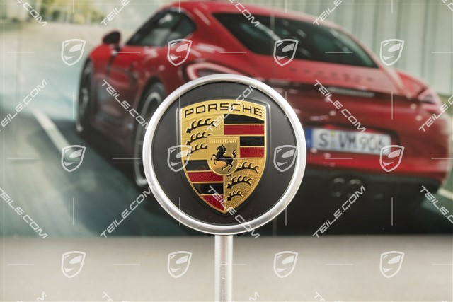 Dekielek koła, kolorowy herb, czarny satynowy półmat "25 lat Boxster"