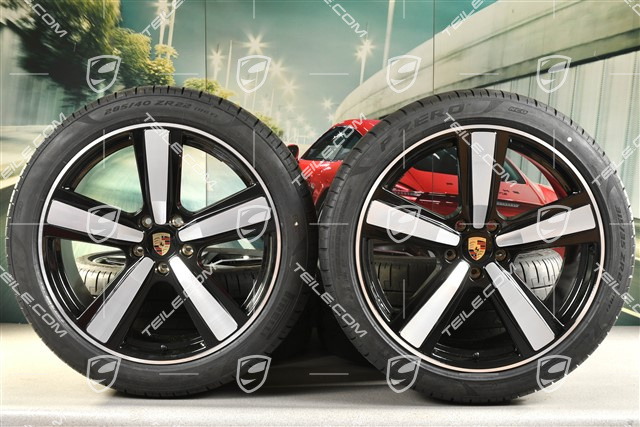 22-inch summer wheel set Cayenne Coupé Exclusive Design Sport, wheel rims 10J x 22 ET48 +11,5J x 22 ET52 + NEW Pirelli summer tyres 285/40 R22 + 315/35 R22, black high gloss