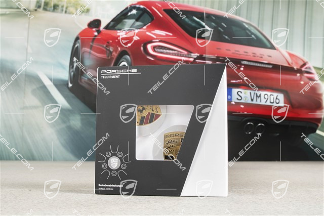 Radzierdeckel Satz (4 Stück), in Brillantchrom mit farbigem Porsche Wappen, für 20-Zoll Macan SportDesign Felgen
