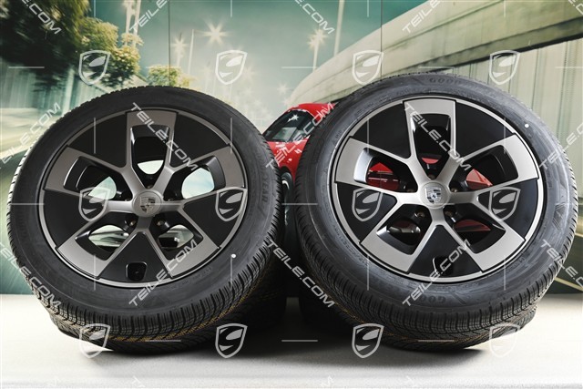 21" Cayenne Turbo Aero Winterräder Satz, Felgen 9,5J x 21 ET16 + 11J x 21 ET37 + NEUE Goodyear Ultragrip Performance 3 SUV 275/45 R21 + 315/40 R21, schwarz seidenmatt + Turbonit