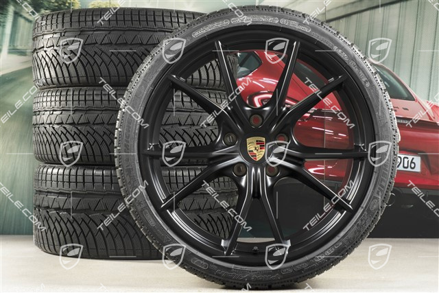 20" Carrera S winter wheels set for Cayman GT4 / Boxster Spyder, rims 8J x 20 ET57 + 10J x 20 ET45, Michelin winter tires 235/35 R20 + 275/30 R20, black (satin matt), with TPMS