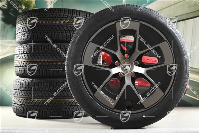 21" Cayenne Turbo Aero Winterräder Satz, Felgen 9,5J x 21 ET16 + 11J x 21 ET37 + NEUE Goodyear Ultragrip Performance 3 SUV 275/45 R21 + 315/40 R21, schwarz seidenmatt + Turbonit