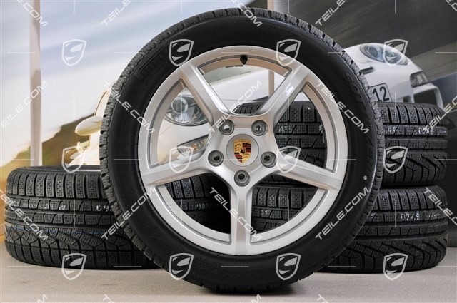 18" Boxster winter wheel set, 8J x 18 ET57 + 9J x 18 ET47 + NEW winter tyres Pirelli Sottozero II 235/45 R18 + 265/45 R18, with TPMS.