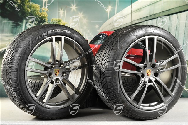 21" koła zimowe Cayenne Turbo, komplet, felgi 9,5J x 21 ET46 + 11,0J x 21 ET58 + Michelin winter tyres 275/40 R21 + 305/35 R21, with TPMS, Platinum satin matt