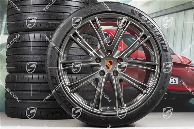 21-inch Panamera Exclusive Design summer wheel set, rims 9,5J x 21 ET71 + 11,5J x 21 ET69 + Michelin summer tires 275/35 ZR21 + 325/30 ZR21, Platinum, with TPM