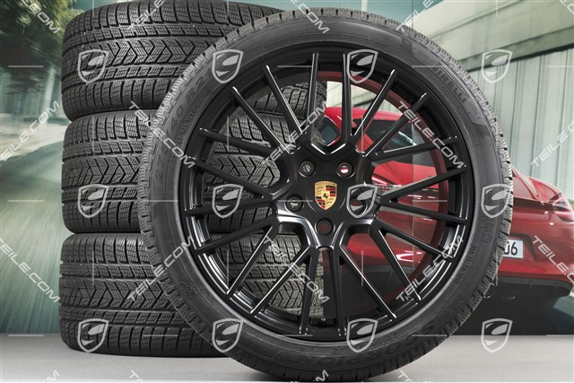 21" Cayenne COUPÉ RS Spyder Winterräder Satz, Felgen 9,5J x 21 ET46 + 11,0J x 21 ET49 + NEUE Pirelli Winterreifen 275/40 R21 + 305/35 R21, mit RDK-Sensoren, schwarz seidenmatt