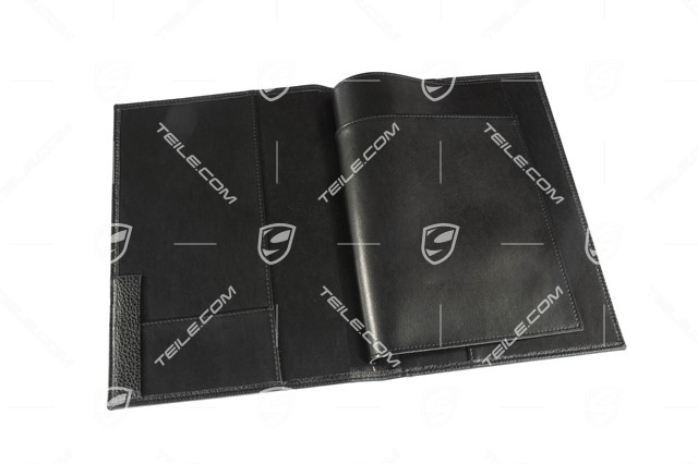 Leder-Dokumentenmappe in Schwarz mit geprägtem Porsche-Logo zur Aufbewahrung des Servicehefts und der Fahrerhandbücher.