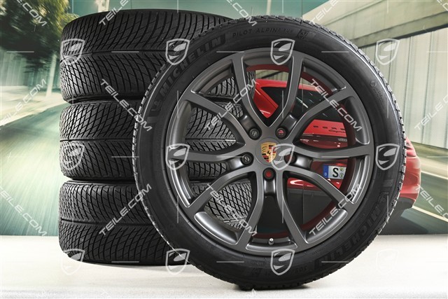 21-inch Cayenne Exclusive Design winter wheel set, rims 9,5J x 21 ET46 + 11,0J x 21 ET49 + Michelin Pilot Alpin 5 SUV winter tyres 285/45 R21 + 305/40 R21, with TPMS, Vesuvius Grey