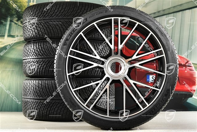 21" Panamera Turbo S Winterräder Satz, Zentralverschluss, Felgen 9,5J x 21 ET71 + 10,5J x 21 ET71 + NEUE Michelin Pilot Alpin 5 Winterreifen 275/35 R21 + 315/30 R21, Schwarz Hochglanz