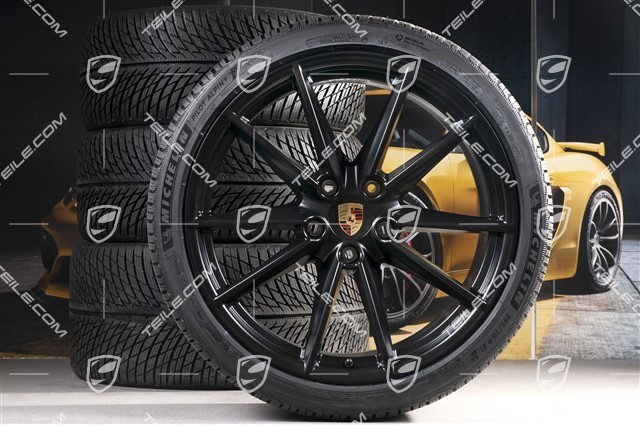 20"+21" Carrera S Winterräder Satz, Felgen 8,5J x 20 ET53 + 11J x 21 ET66 + Michelin Winterreifen 245/35 R20 + 295/30 R21, in Schwarz Seidenmatt