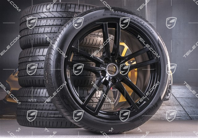 21" Cayenne Turbo Design Sommerräder Satz, Felgen 9,5J x 21 ET46 + 11,0J x 21 ET58 + Pirelli P Zero Sommerreifen 285/40 R21 + 315/35 R21, mit RDK-Sensoren, in Schwarz Hochglanz