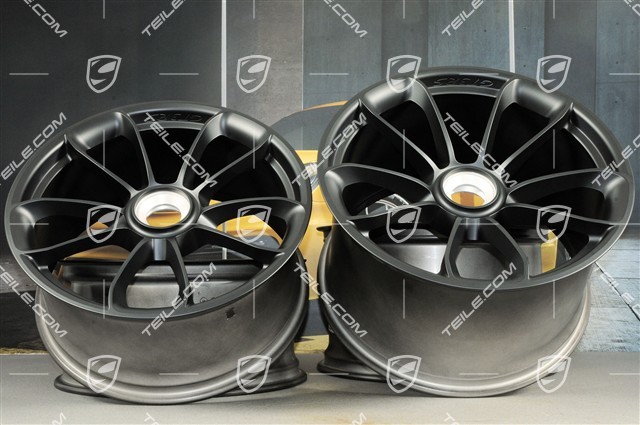 20"+ 21" GT3RS Felgensatz, mit GT3RS Schriftzug, 9,5J x 20 ET50 + 12,5J x 21 ET48, schwarz seidenmatt