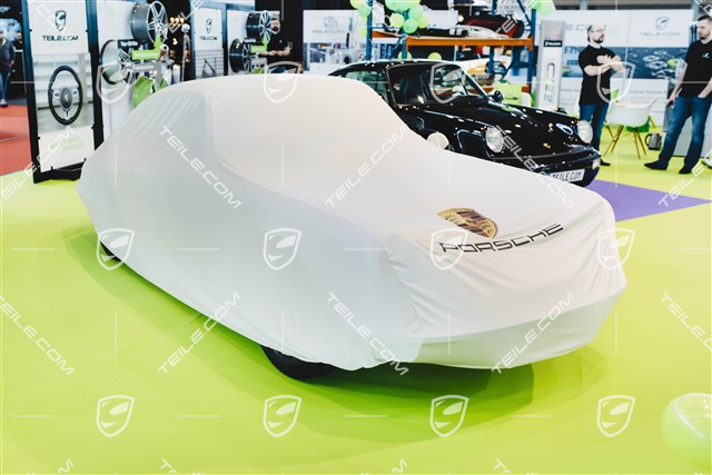 Fahrzeugabdeckung mit Porsche Wappen, ohne Spoiler, mit Aussenspiegel (links)