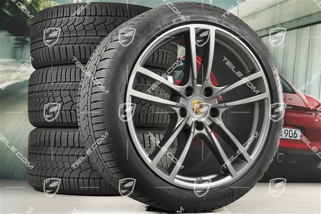 21" koła zimowe Cayenne Turbo, komplet, felgi 9,5J x 21 ET46 + 11,0J x 21 ET58 + NOWE opony zimowe Continental 275/40 R21 + 305/35 R21, z czujnikami ciśnienia, Platinum półmat satyna