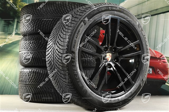 21" koła zimowe Cayenne COUPÉ Turbo Design, komplet, felgi 9,5J x 21 ET46 + 11,0J x 21 ET49 + NOWE opony zimowe Michelin 285/45 R21 + 305/40 R21, z czujnikami ciśnienia, czarny wysoki połysk