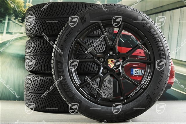 20" koła zimowe Cayenne S, komplet, felgi 9J x 20 ET50 + 10,5J x 20 ET55 + NOWE opony zimowe Michelin Pilot Alpin 5 SUV 255/55 R20 + 295/45 R20, z czujnikami ciśnienia, czarny satynowy półmat