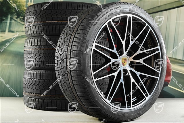 22-inch Macan RS Spyder Design winter wheel set, rims 9J x 22 ET29 + 11J x 22 ET47 + Continental winter tyres 255/40 R22 + 295/35 R22, black high gloss