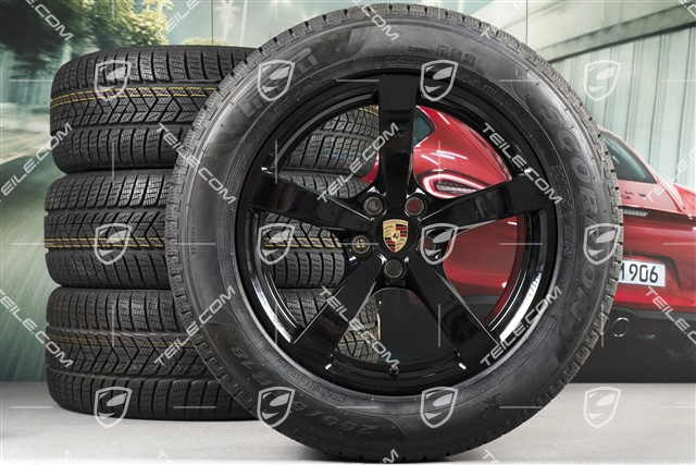 18" "Macan" koła zimowe komplet, felgi 8J x 18 ET21 + 9J x 18 ET21 + opony zimowe Pirelli 235/60 ZR 18 + 255/55 ZR 18, z czujnikami ciśninia, czarny wysoki połysk