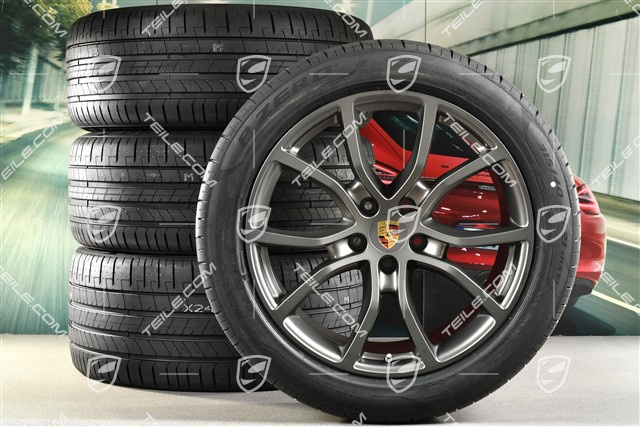 21" Cayenne Exclusive Design Sommerräder Satz, Felgen 9,5J x 21 ET46 + 11,0J x 21 ET58 + NEUE Pirelli P Zero Sommerreifen 285/45 R21 + 315/40 R21, mit RDK-Sensoren, Platinum-Seidenmatt