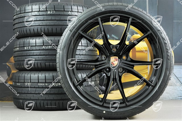 20" Carrera S koła letnie, komplet, felgi 8J x 20 ET57 + 10J x 20 ET45 + NOWE opony letnie Pirelli 235/35 ZR20 +265/35 ZR20, czarne (wysoki połysk), z czujnikami ciśnienia