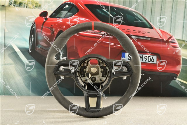 GT3 / GT2RS, Sportlenkrad PDK mit Paddle, Alcantara Schwarz / Platingrau Faden, Rot 12 Uhr Streifen-Markierung