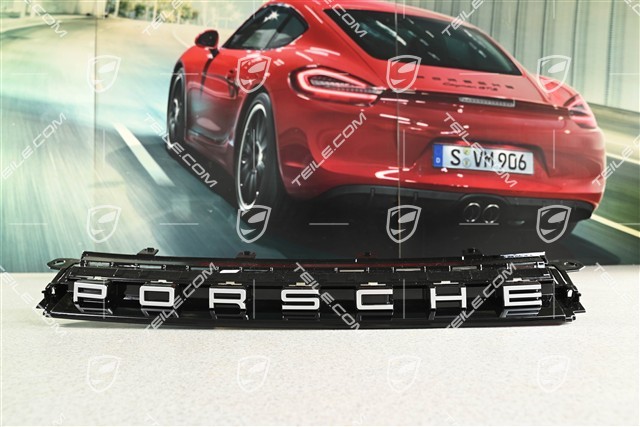 Trim, upper / rear, Porsche logo in silver