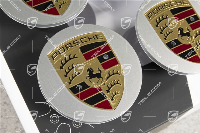 Radzierdeckel Satz (4 Stück), in Brillantchrom mit farbigem Porsche Wappen, für 20-Zoll Macan SportDesign Felgen