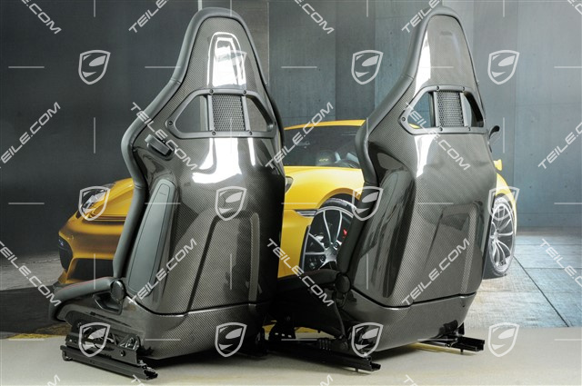 Sportowe fotele kubełkowe, składane, czarna skóra/Alkantara, nitka czerwona Carmine red, z herbem Porsche, zestaw L+R