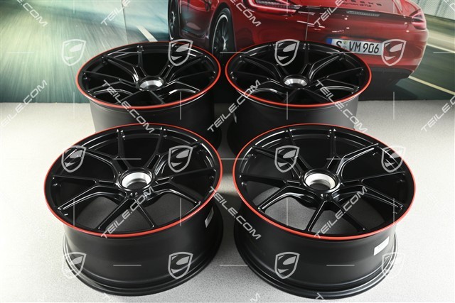 20+21 -inch GT3 wheel rim set, 9,5J x 20 ET46 + 12J x 21 ET45, black satin mat + red rim border