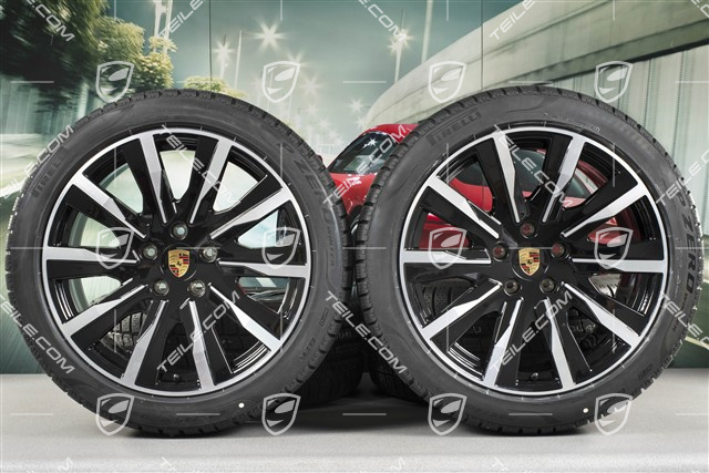 20" koła zimowe Taycan Tequipment Design, komplet, felgi 9J x 20 ET54 + 11J x 20 ET60 + NOWE opony zimowe Pirelli 245/45 R20 + 285/40 R20, czarny wysoki połysk