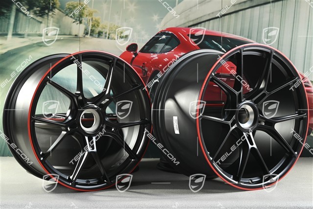 20"+21" GT3 Felgen Satz, 9,5J x 20 ET46 + 12J x 21 ET45, in Schwarz Seidenmatt, Rand in Rot