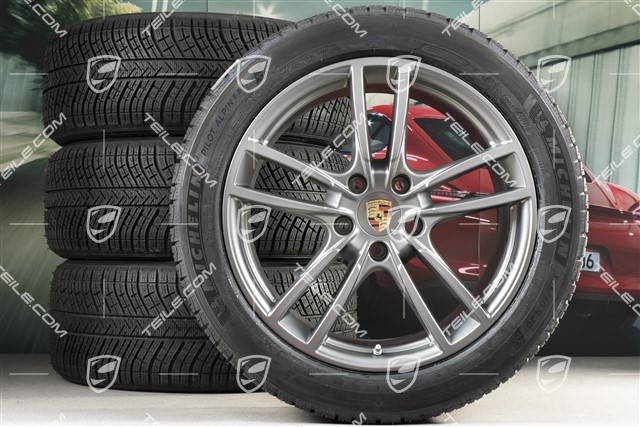 20" Cayenne COUPE Sport Winterräder Satz, Felgen 9J x 20 ET50 + 10,5J x 20 ET55 + NEUE Michelin Winterreifen 275/45 R20 + 305/40 R20, mit RDK-Sensoren, Platinum Seidenmatt