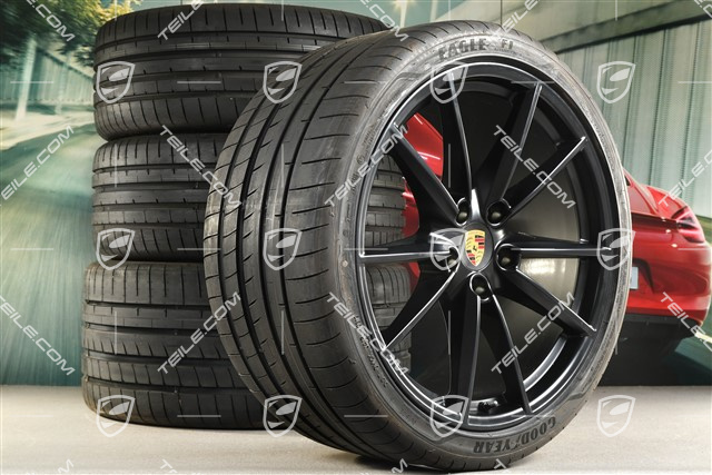 20"+21" koła letnie, komplet Carrera S, felgi 8,5J x 20 ET53 + 11,5J x 21 ET67 + NOWE opony letnie Goodyear 245/35 R20 + 305/30 R21, z czujnikami ciśnienia, czarny satynowy półmat