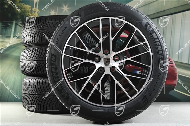 20" koła zimowe Macan S, felgi 7,5J x 20 ET32 + 10J x 20 ET49 + NOWE opony zimowe Michelin 235/55 R20 + 285/45 R20, czarny wysoki połysk