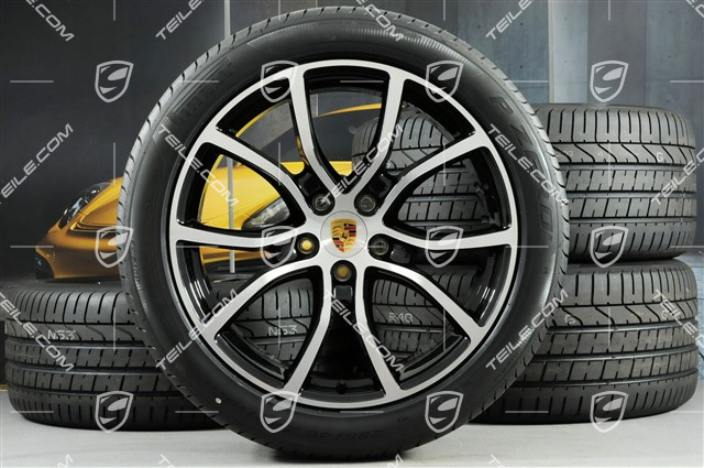 21" koła letnie Cayenne Exclusive Design, komplet, felgi 9,5J x 21 ET46 + 11,0J x 21 ET58 + NOWE opony letnie Pirelli P Zero 285/40 R21 + 315/35 R21, z czujnikami ciśnienia, czarne (wysoki połysk)