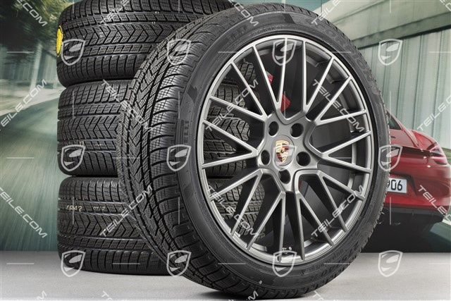 21-inch Cayenne RS Spyder winter wheel set, rims 9,5J x 21 ET46 + 11,0J x 21 ET58 + Pirelli winter tyres 275/40 R21 + 305/35 R21, with TPMS, Platinum satin matt