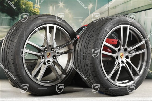 21" koła letnie Cayenne Turbo Design, komplet, felgi 9,5J x 21 ET46 + 11,0J x 21 ET58 + opony letnie Pirelli P Zero 285/40 R21 + 315/35 R21, z czujnikami ciśnienia, Platinum półmat satyna