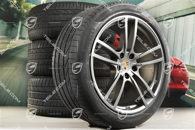 21" Cayenne Turbo Sommerräder Satz, Felgen 9,5J x 21 ET46 + 11,0J x 21 ET49 + Pirelli P Zero Sommerreifen 285/40 R21 + 315/35 R21, Platinum Seidenmatt