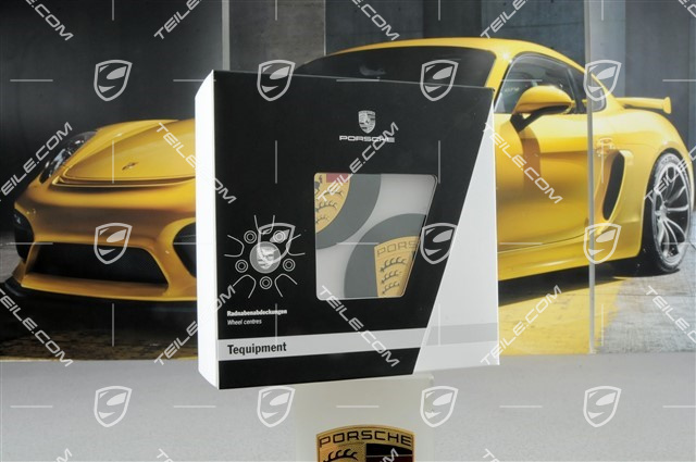 Radzierdeckel Satz (4 Stück), schwarz, Hochglanz, mit farbigem Porschewappen