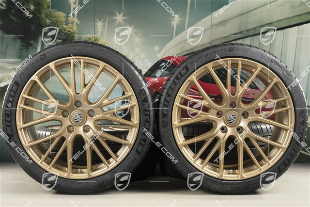 21" Panamera Exclusive Design Sport Sommerräder Satz, Felgen 9,5J x 21 ET71 + 11,5J x 21 ET69 + NEUE Michelin Sommerreifen 275/35 R21 + 315/30 R21, mit RDK-Sensoren, in Aurum Seidenmatt