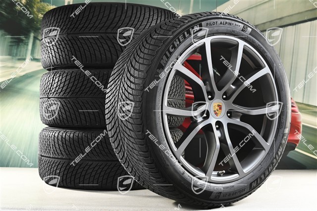 21-inch Cayenne Exclusive Design winter wheel set, rims 9,5J x 21 ET46 + 11,0J x 21 ET58 + NEW Michelin winter tyres 285/45 R21 + 305/40 R21, with TPMS, Vesuvius Grey