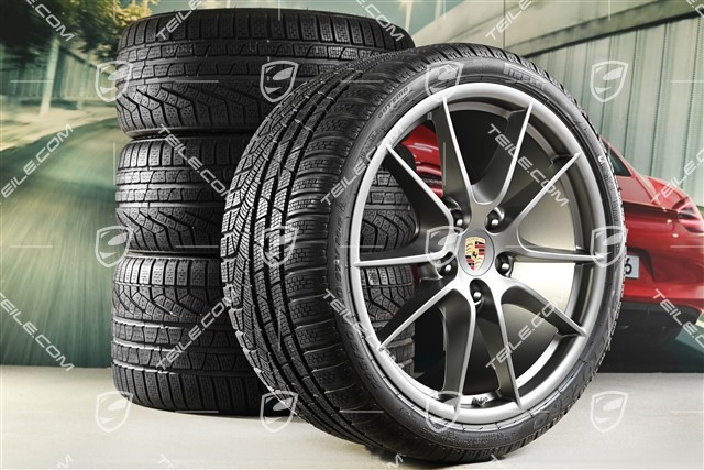 20" Komplet kół zimowych Carrera S (III), 8,5J x 20 ET51 + 11J x 20 ET70 + NOWE opony zimowe Pirelli 245/35 ZR20 + 295/30 ZR20, Platinum, bez czujników ciśnienia RDK