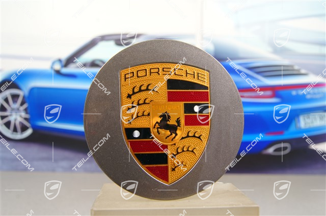 Radzierdeckel, konvex, Porsche Wappen farbig, für Carrera Classic Räder, Titan