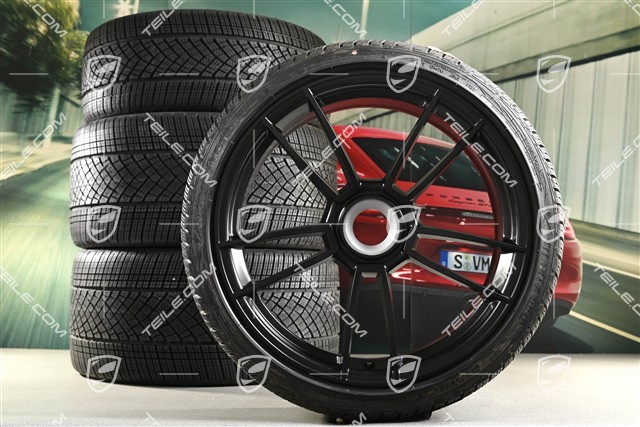 20"+21" koła zimowe Turbo S, komplet, felgi montowane centralnie 8,5J x 20 ET40 + 11J x 21 ET66 + opony zimowe Goodyear 245/35 R20 + 305/30 R21, czarny satynowy półmat