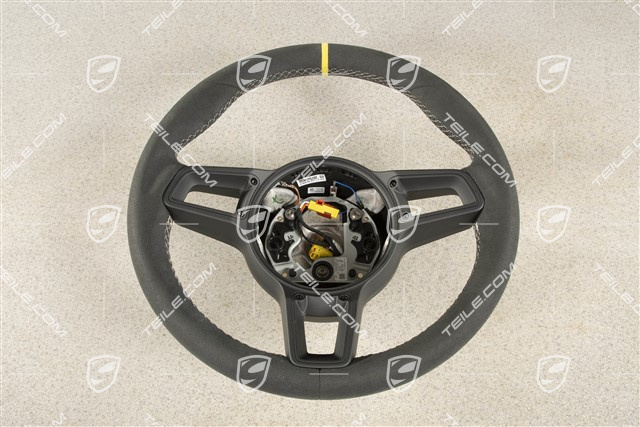 Kierownica sportowa GT, Alcantara, czarna/srebrna, Pasek Speed yellow na godz. 12
