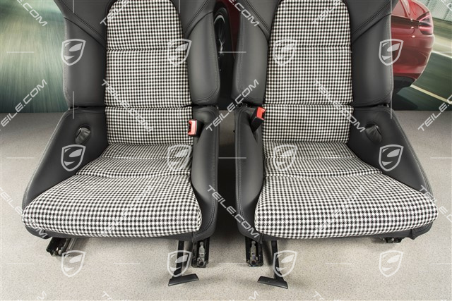 Sportowe fotele kubełkowe, składane, podgrzewane, czarna skóra+pepitka, z herbem Porsche, Zestaw L+R