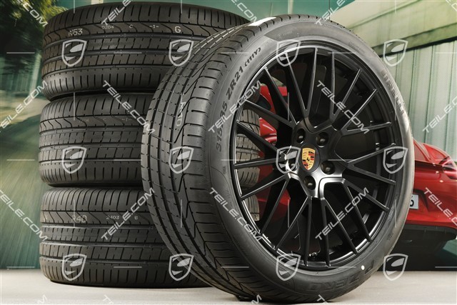 21" koła letnie Cayenne RS Spyder, komplet, felgi 9,5J x 21 ET46 + 11,0J x 21 ET49 + NOWE opony letnie Pirelli P Zero 285/40 R21 + 315/35 R21, czarny satynowy półmat