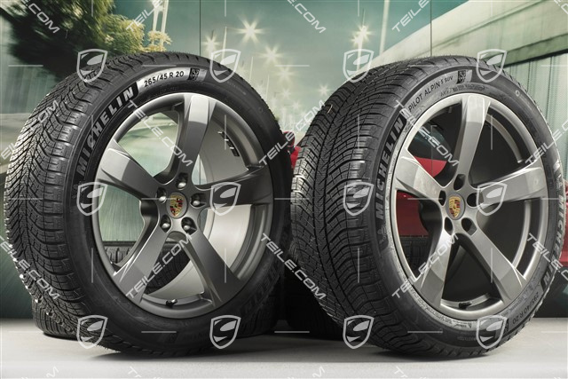20-inch "Macan Sport" winter wheels set, rims 9J x 20 ET26 + 10J x 20 ET19 + NEW Michelin winter tyres 265/45 R 20 + 295/40 R 20, platinum satin matt, with TPMS